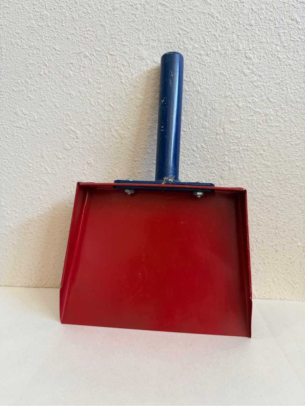 Vintage Metal Dustpan Red Steel Dust Pan Blue Handle Mid Century Utility Tool